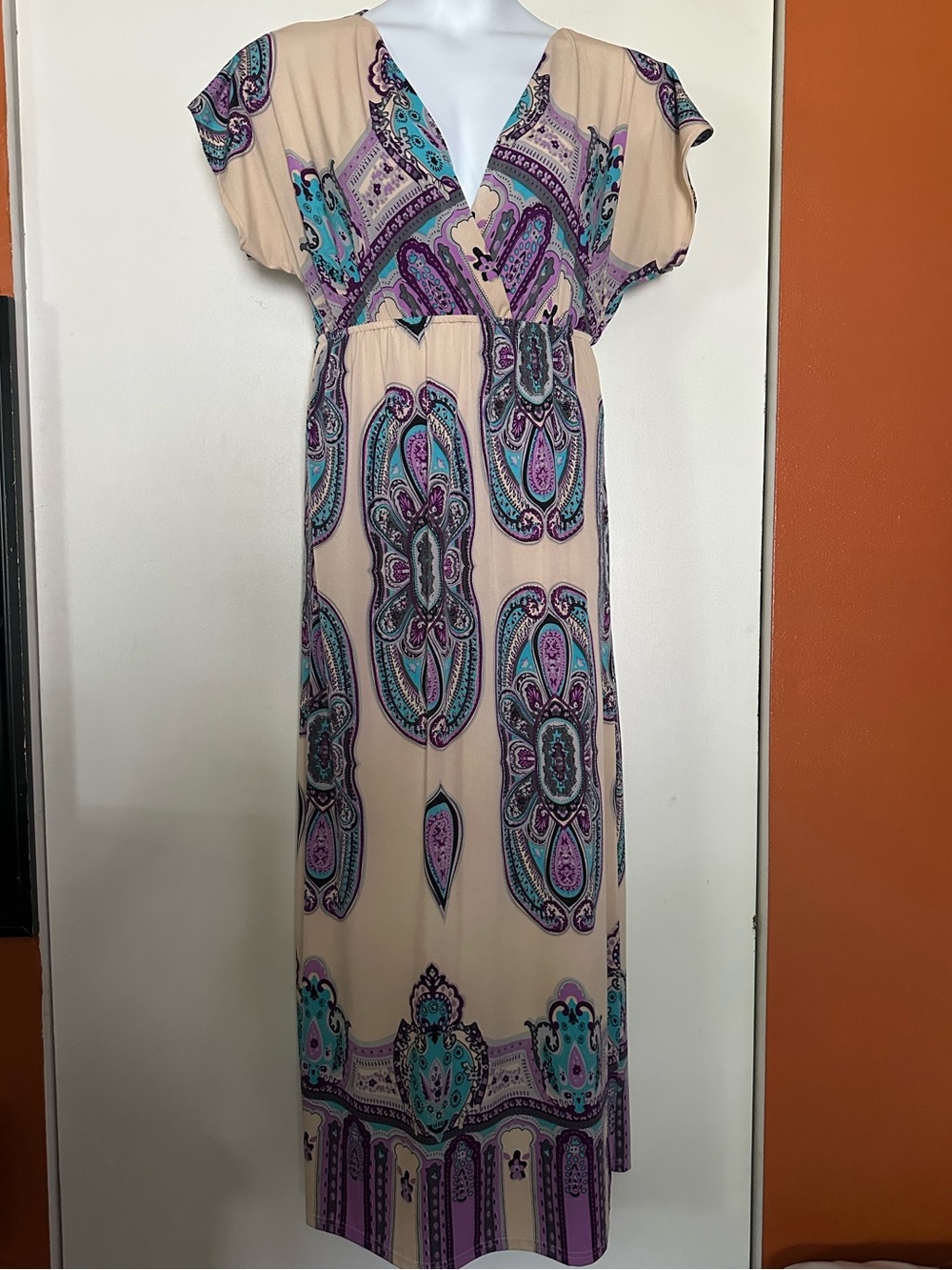 Bohemian Paisley Maxi Dress in Beige with Teal & Purple